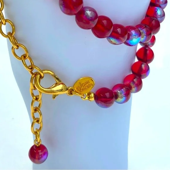 Vintage JOAN RIVERS Red Iridescent Polished Glass Beads Necklace w/Gold Details - Picture 6 of 6